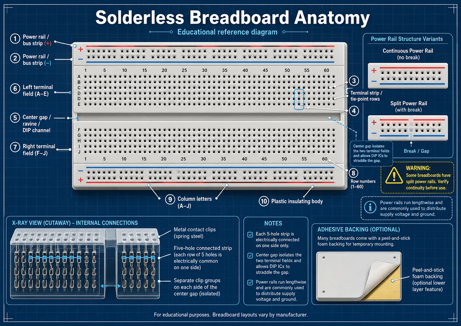 Generic breadboard diagram showing center terminal strip connections and side power rails that may be continuous or split.