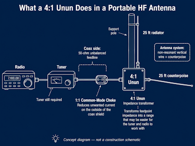 Concept diagram showing what a 4:1 unun does in a portable HF antenna